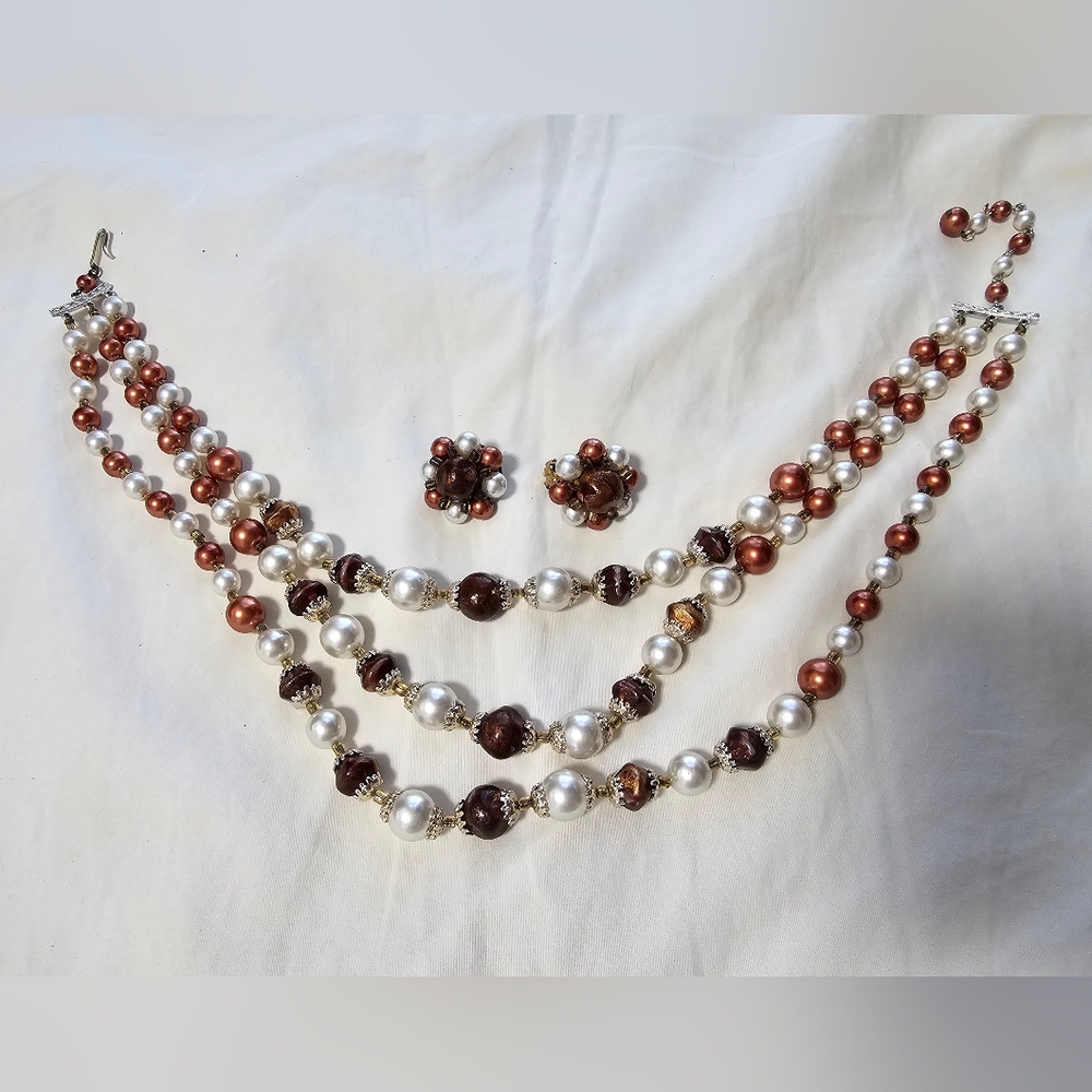 Vintage Rust-Orange,Brown and Pearl Beaded Costume Jewelry